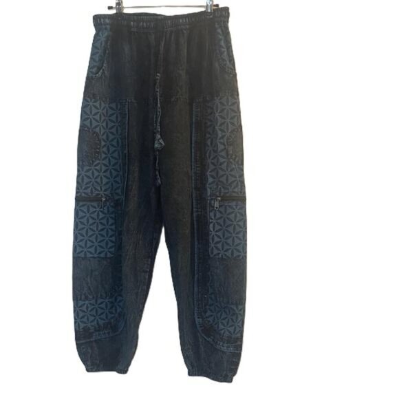 Women's Wide Leg Geometric Pattern Pants - Black And Blue S/M - Picture 1 of 8